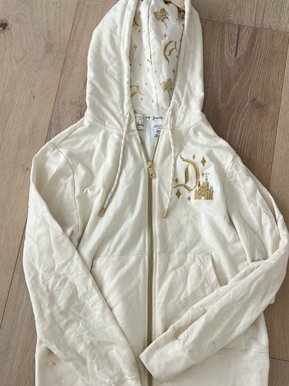 Cream Hooded Zip-Up Jacket with Gold Motif for Kids or Adult